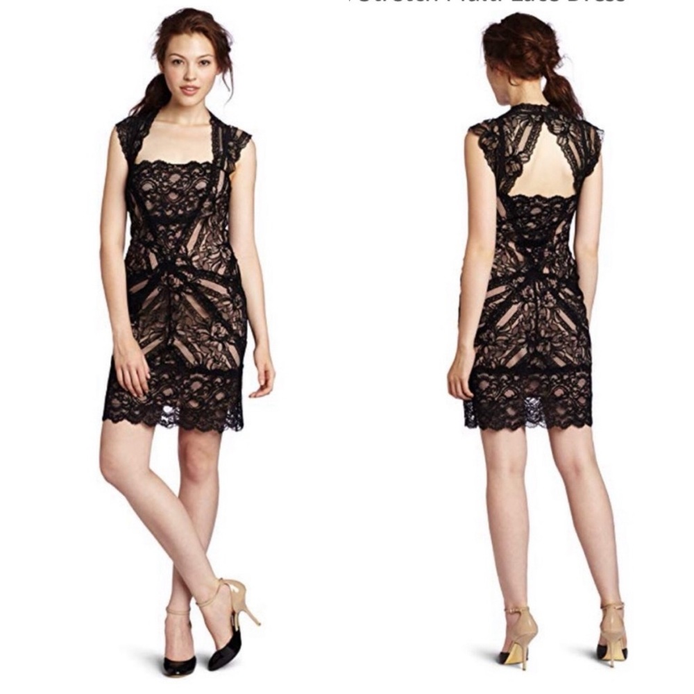 Nicole Miller Eva Lace Dress Keyhole Black Tan